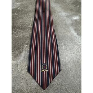 Tommy Hilfiger Men's Tie 58" Long Imported Silk Navy Maroon Gold Stripes w/Logo